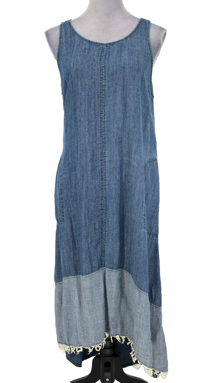 Nanette Lepore Dress Womens Medium Blue Chambray Maxi Fringe Back Zip Tank